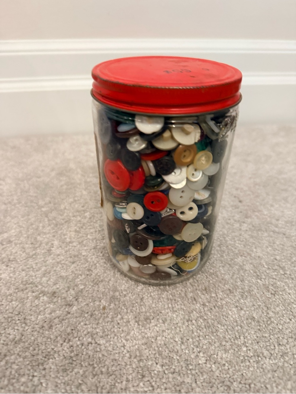 Vintage Glass Jar Filled with Assorted Buttons - Red Lid
